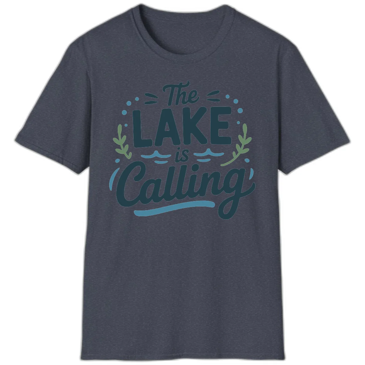 The Lake Is Calling Typography Design T-Shirt in Heather Navy