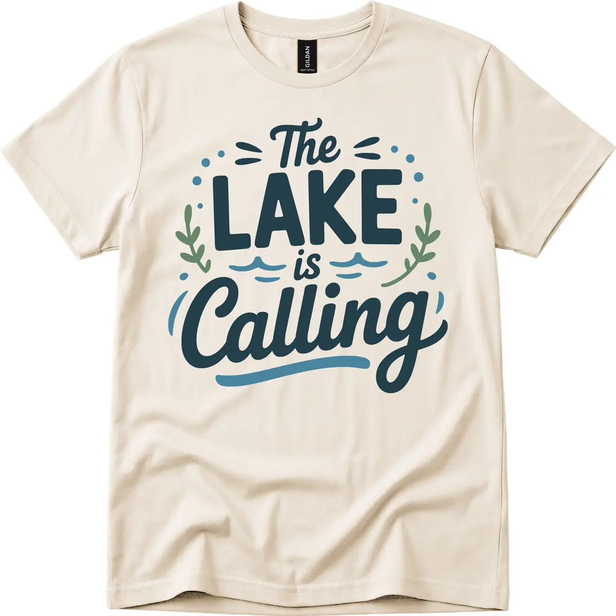 The Lake Is Calling Typography Design T-Shirt in Natural