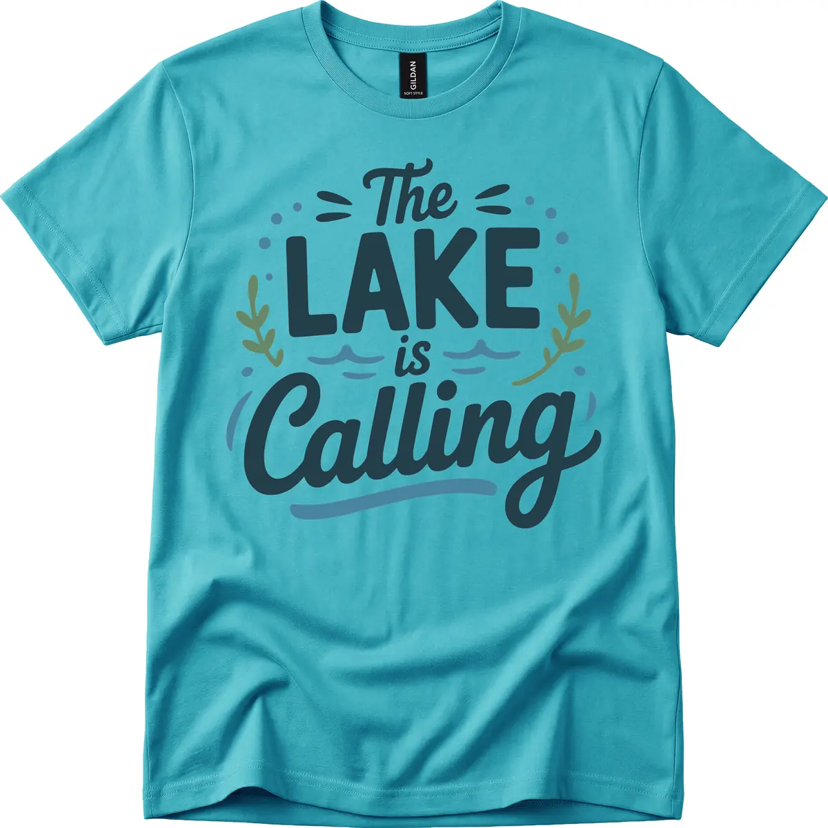 The Lake Is Calling Typography Design T-Shirt in Tropical Blue