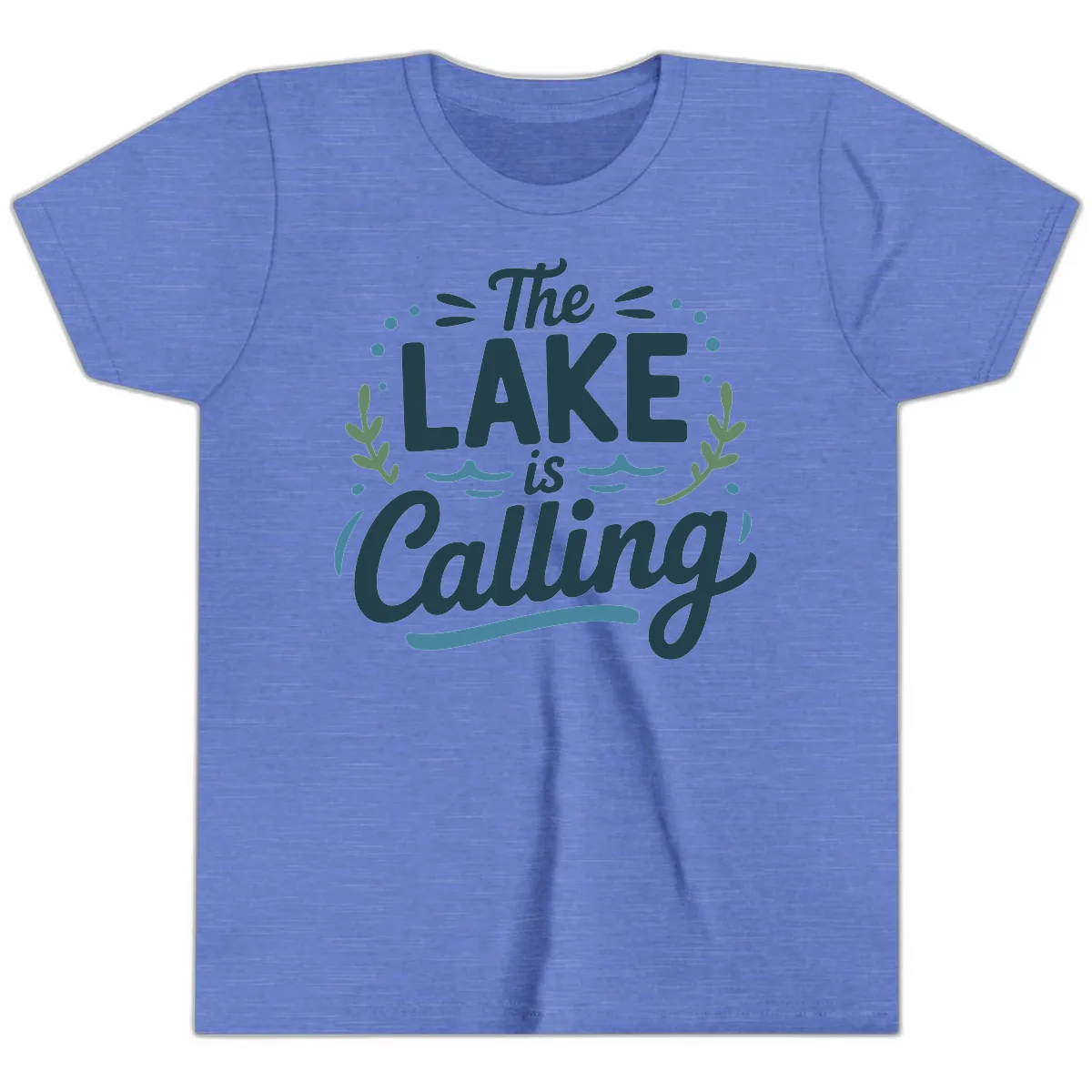 The Lake Is Calling Typography Design Youth T-Shirt in Heather Columbia Blue