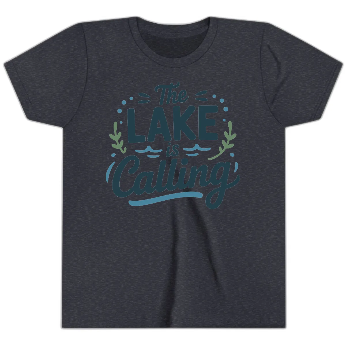 The Lake Is Calling Typography Design Youth T-Shirt in Heather Navy