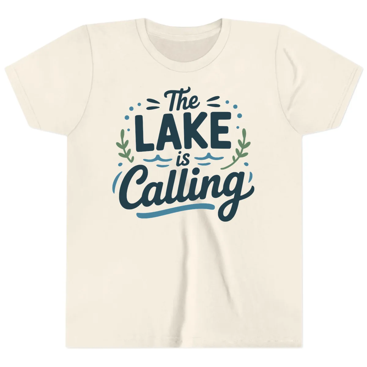 The Lake Is Calling Typography Design Youth T-Shirt in Natural