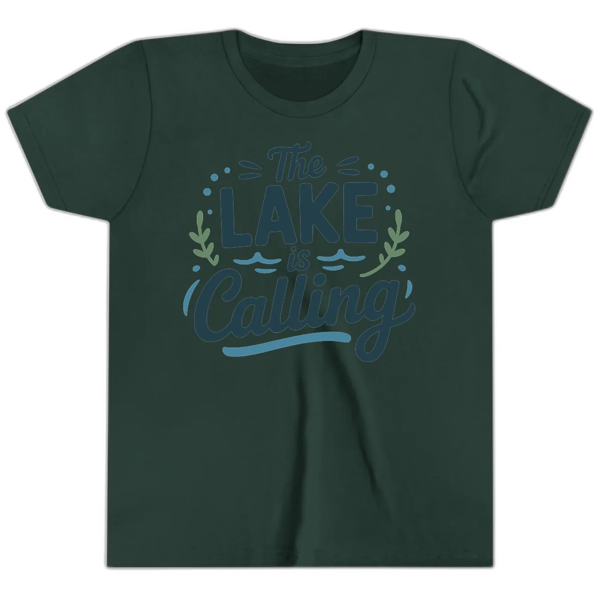 The Lake Is Calling Typography Design Youth T-Shirt in Forest