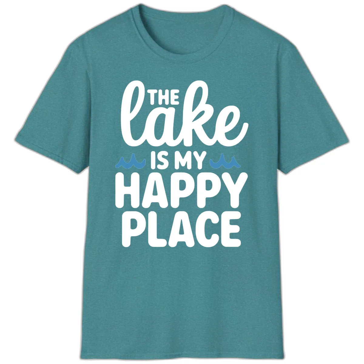 The Lake Is My Happy Place Design T-Shirt in Heather Galapagos Blue