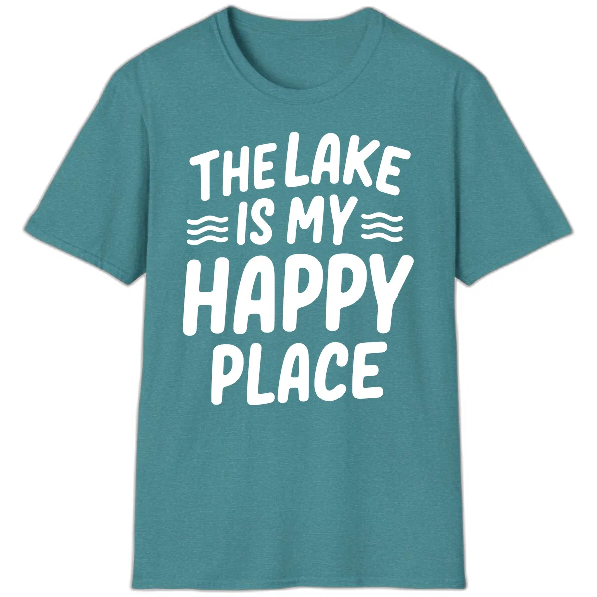 The Lake Is My Happy Place Design T-Shirt in Heather Galapagos Blue