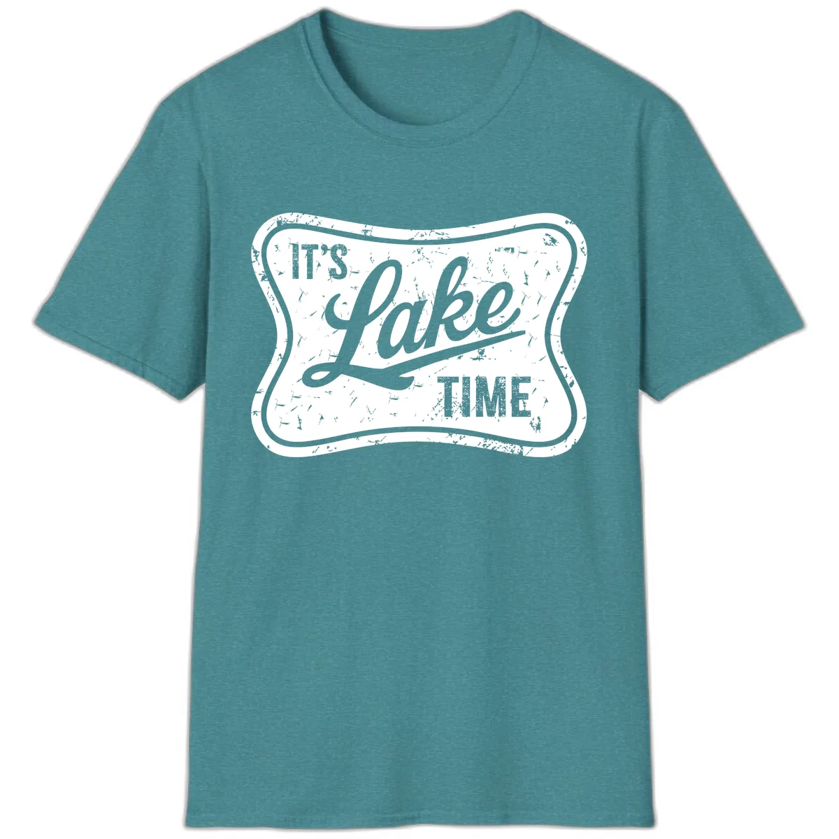It's Lake Time Retro Sign T-Shirt in Heather Galapagos Blue