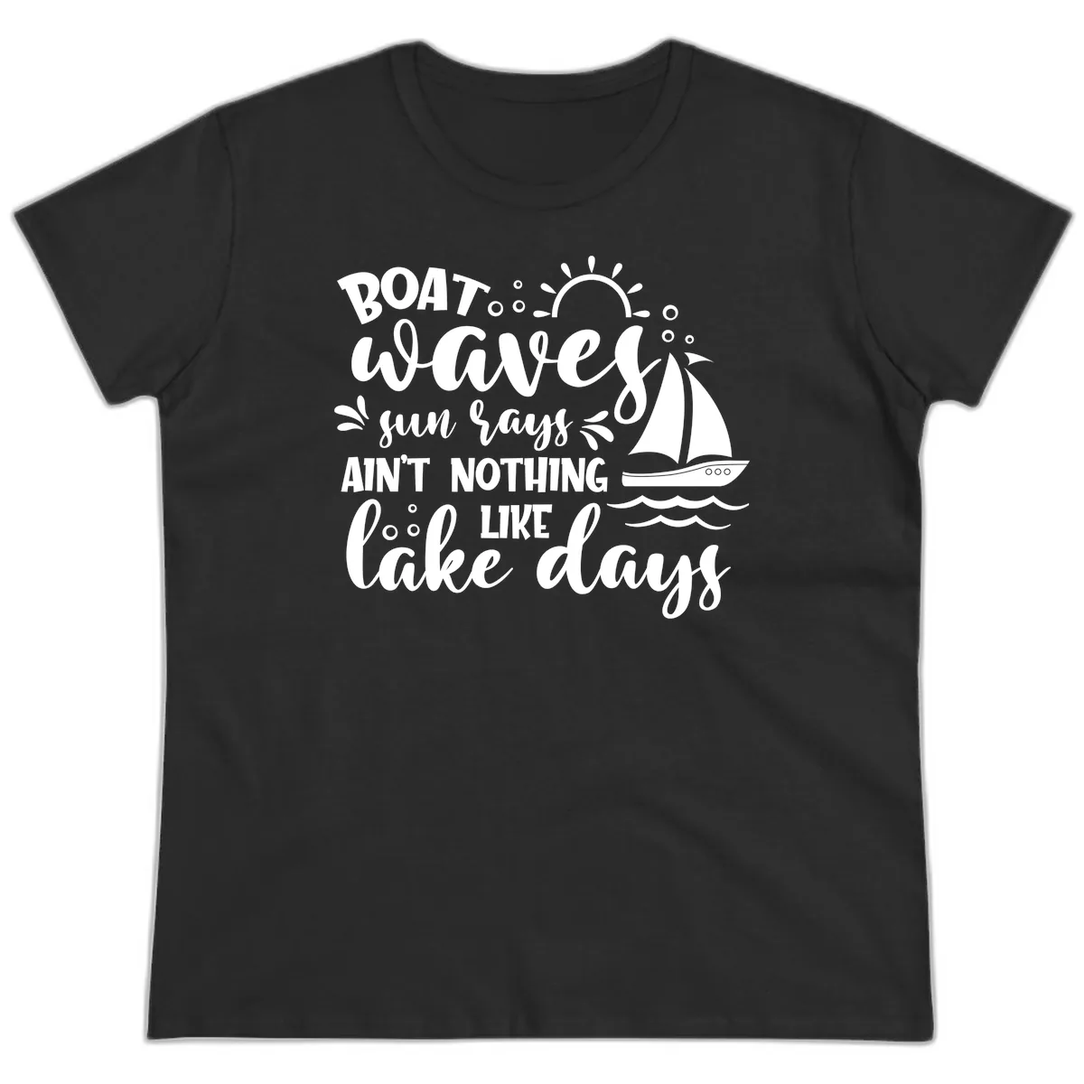 Boat Waves Sun Rays Lake Days Ladies Tee in Black