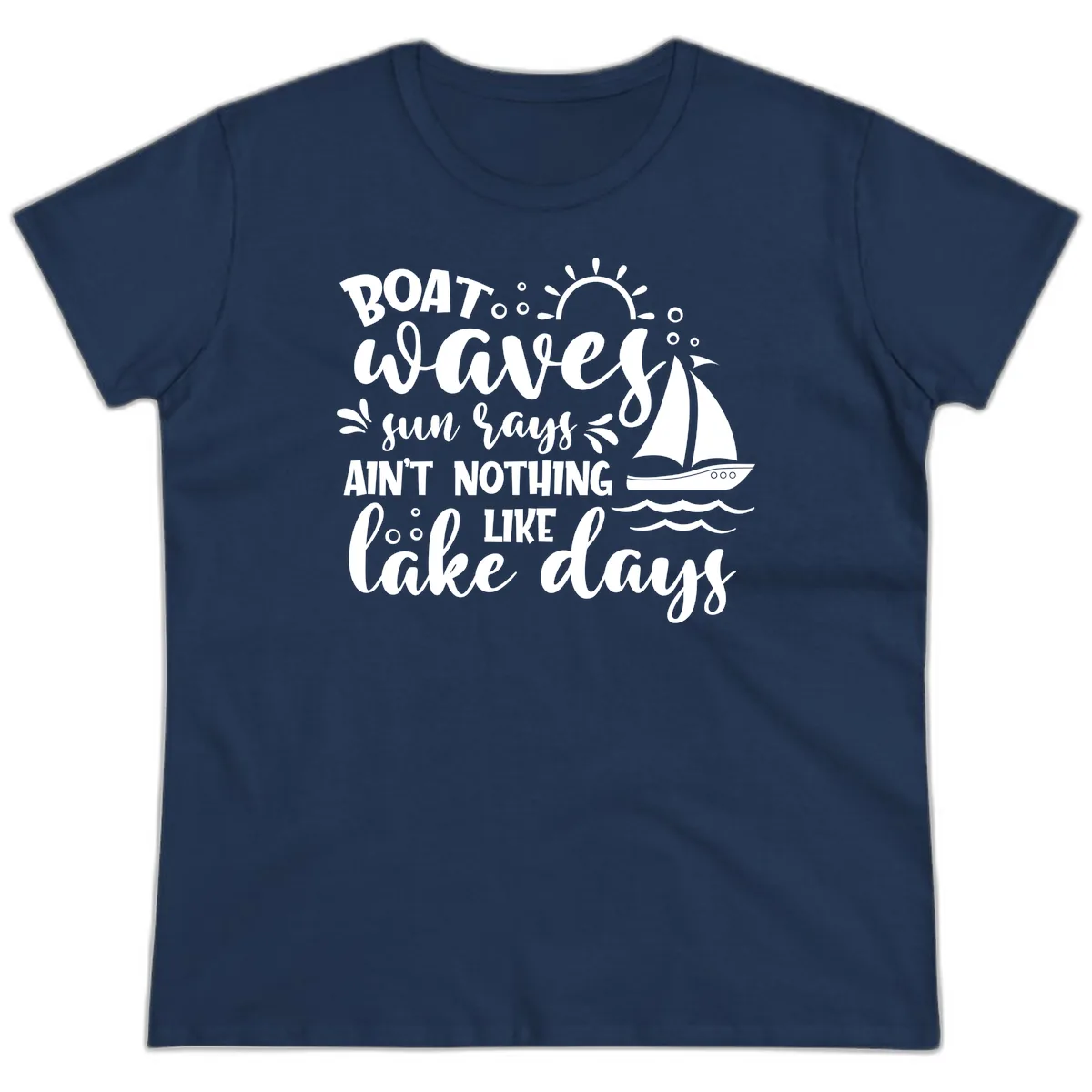 Boat Waves Sun Rays Lake Days Ladies Tee in Navy