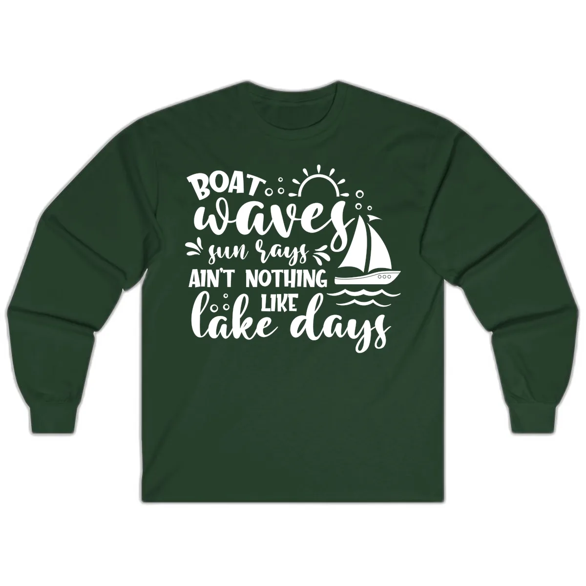 Boat Waves Sun Rays Lake Days Long Sleeve in Forest Green