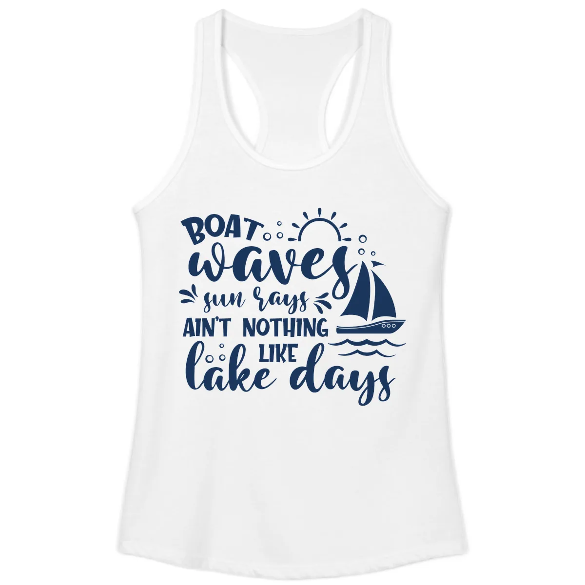 Boat Waves Sun Rays Lake Days Ladies Tank in White
