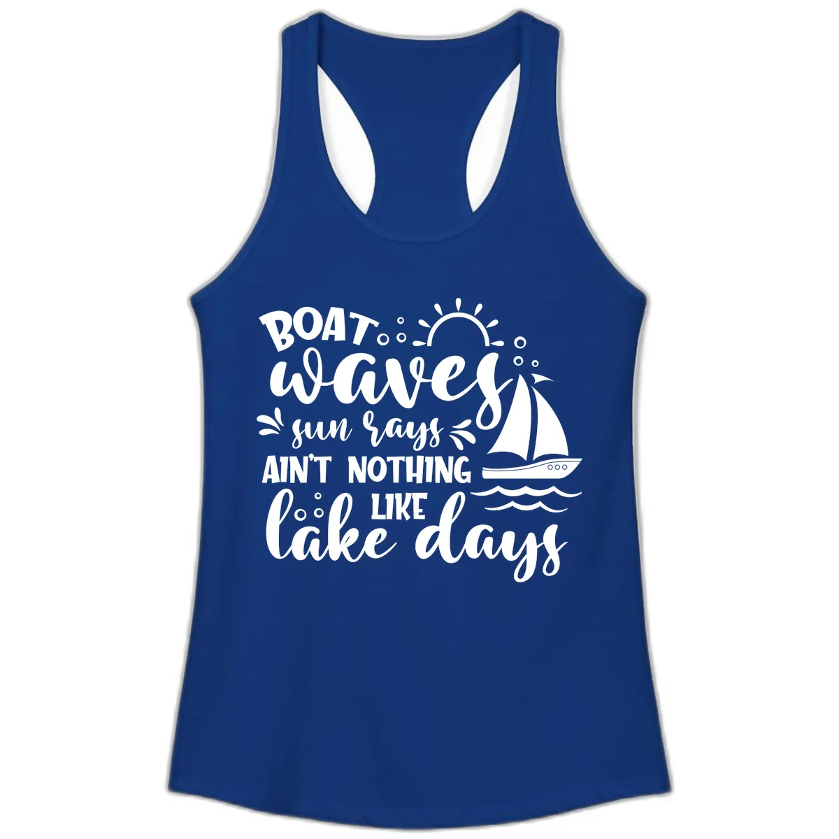 Boat Waves Sun Rays Lake Days Ladies Tank in Solid Royal
