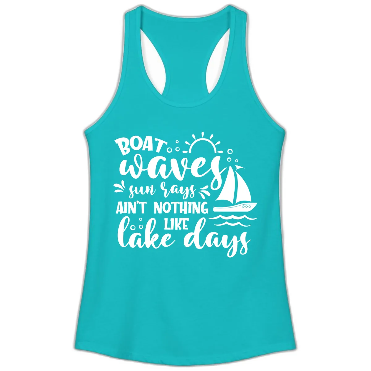 Boat Waves Sun Rays Lake Days Ladies Tank in Tahiti Blue