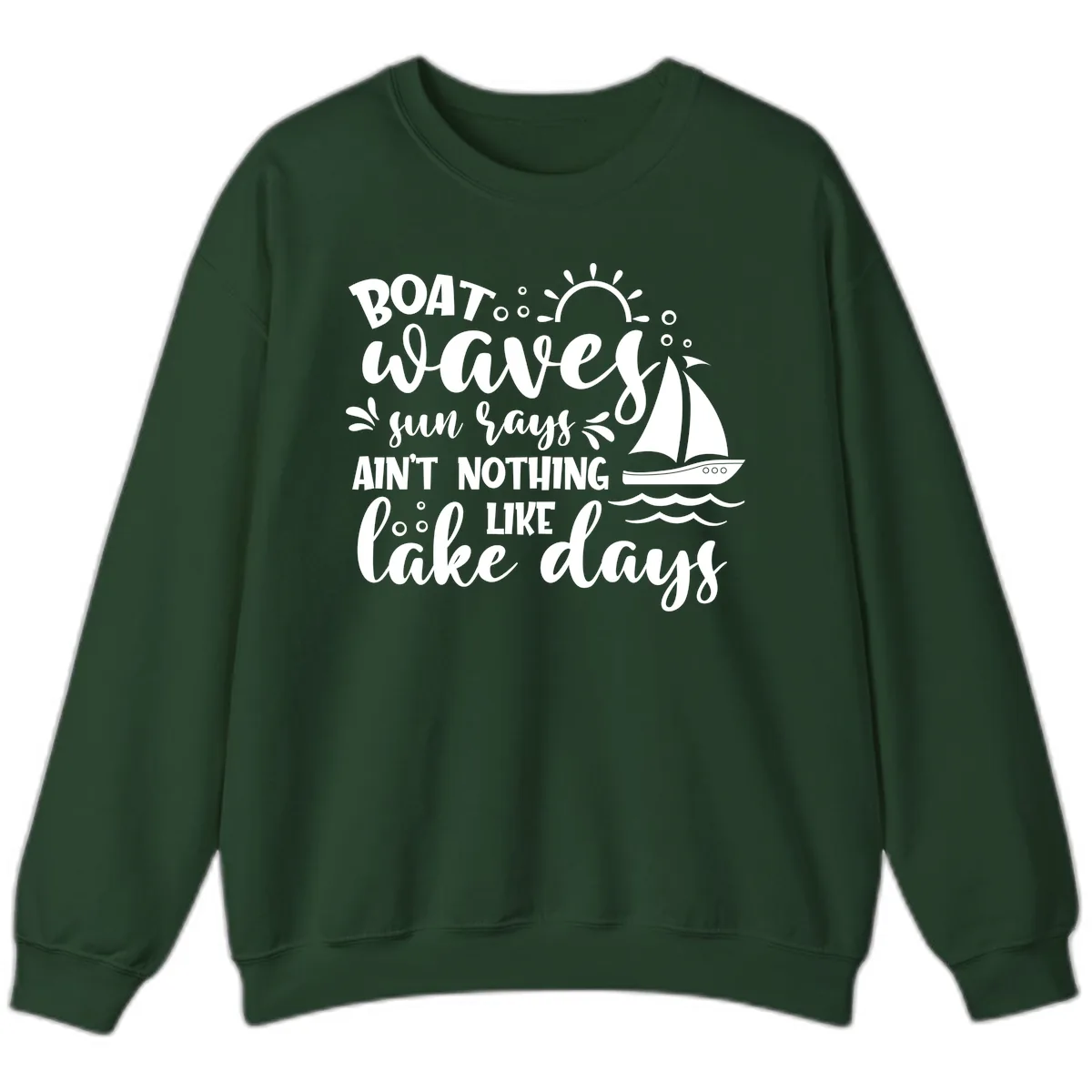Boat Waves Sun Rays Lake Days Sweatshirt in Forest Green