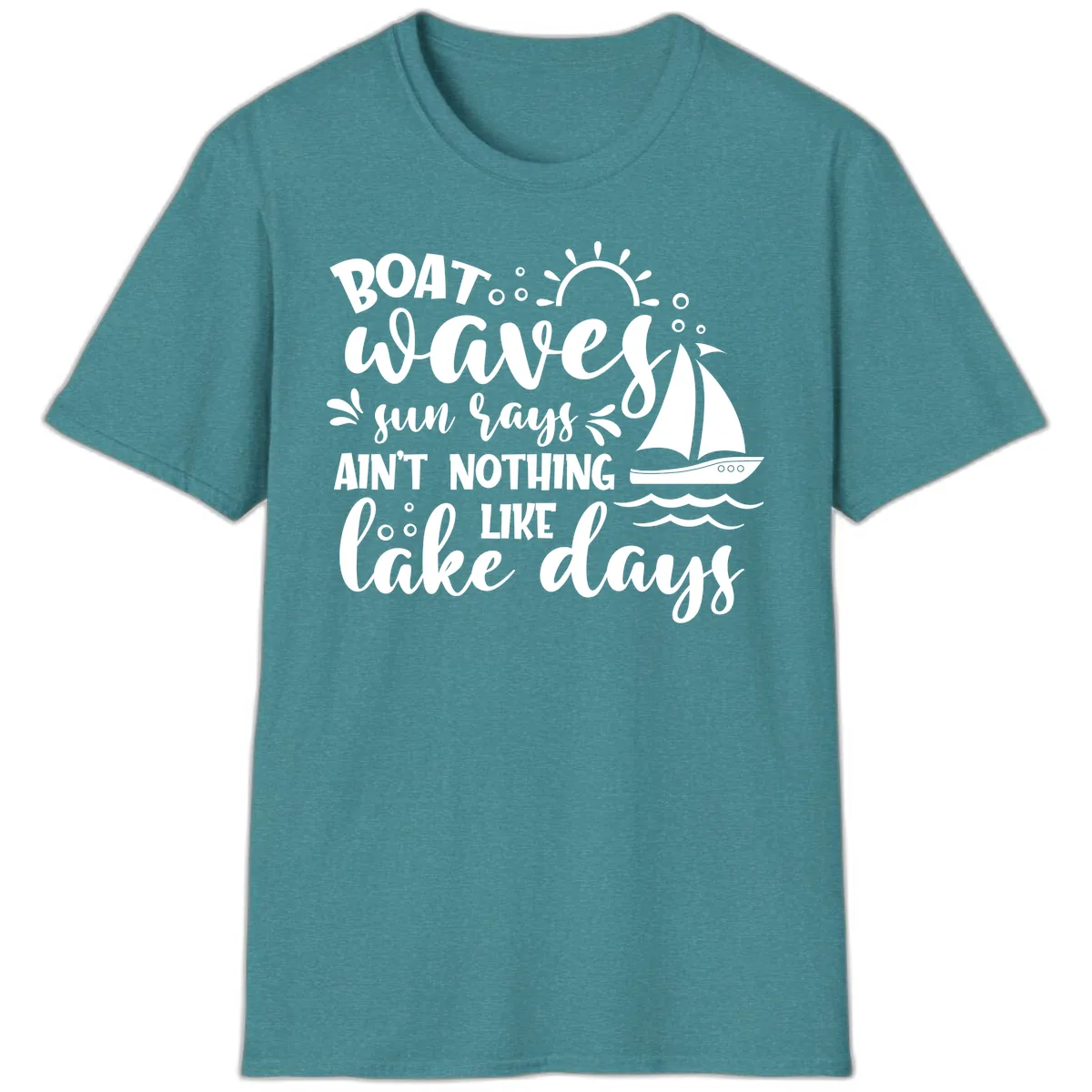 Boat Waves Sun Rays Lake Days T-Shirt in Heather Galapagos Blue