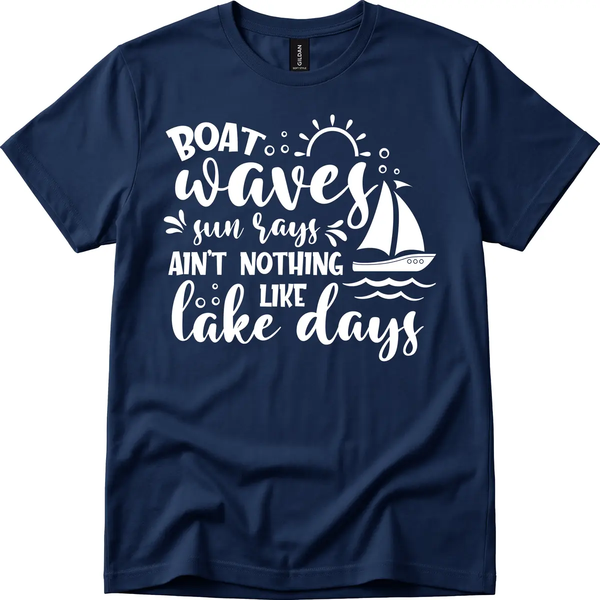 Boat Waves Sun Rays Lake Days T-Shirt in Navy