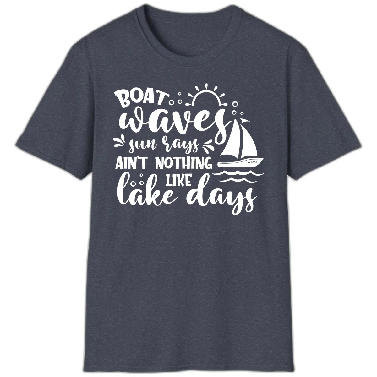 Boat Waves Sun Rays Lake Days T-Shirt in Heather Navy