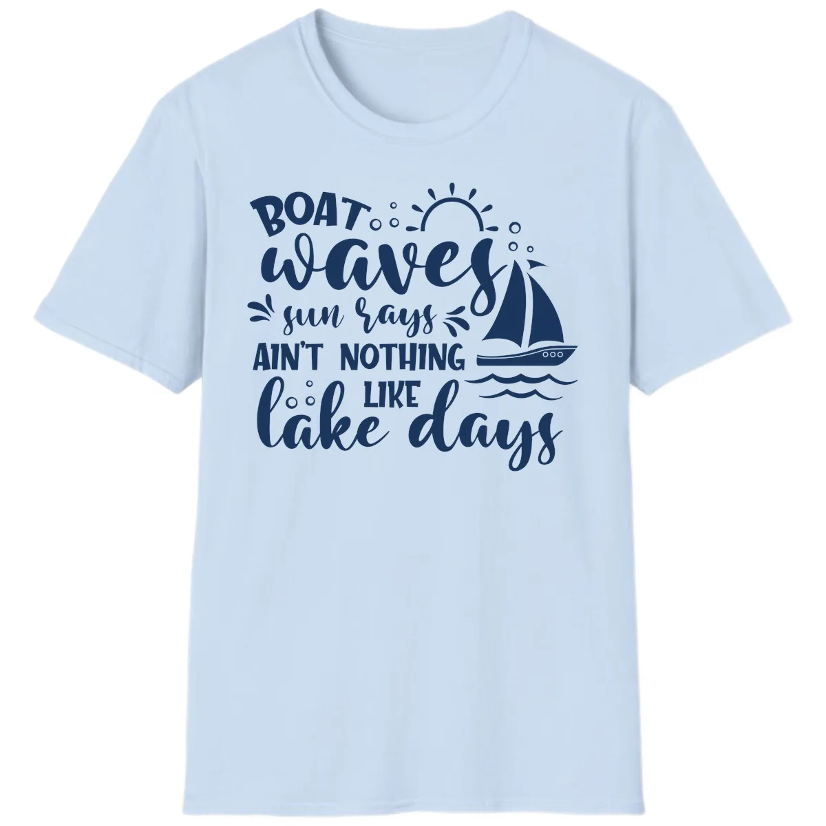 Boat Waves Sun Rays Lake Days T-Shirt in Light Blue