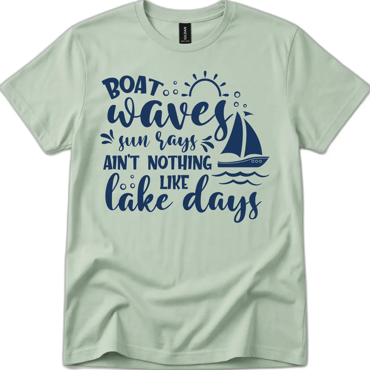 Boat Waves Sun Rays Lake Days T-Shirt in Sage
