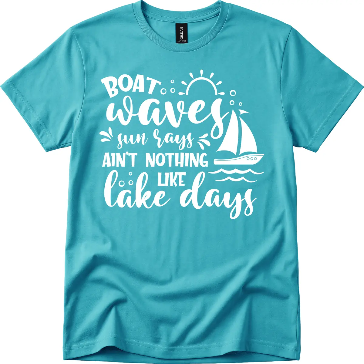 Boat Waves Sun Rays Lake Days T-Shirt in Tropical Blue