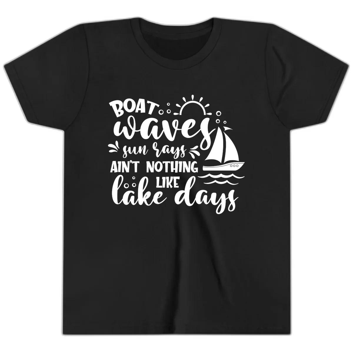 Boat Waves Sun Rays Lake Days Youth T-Shirt in Black