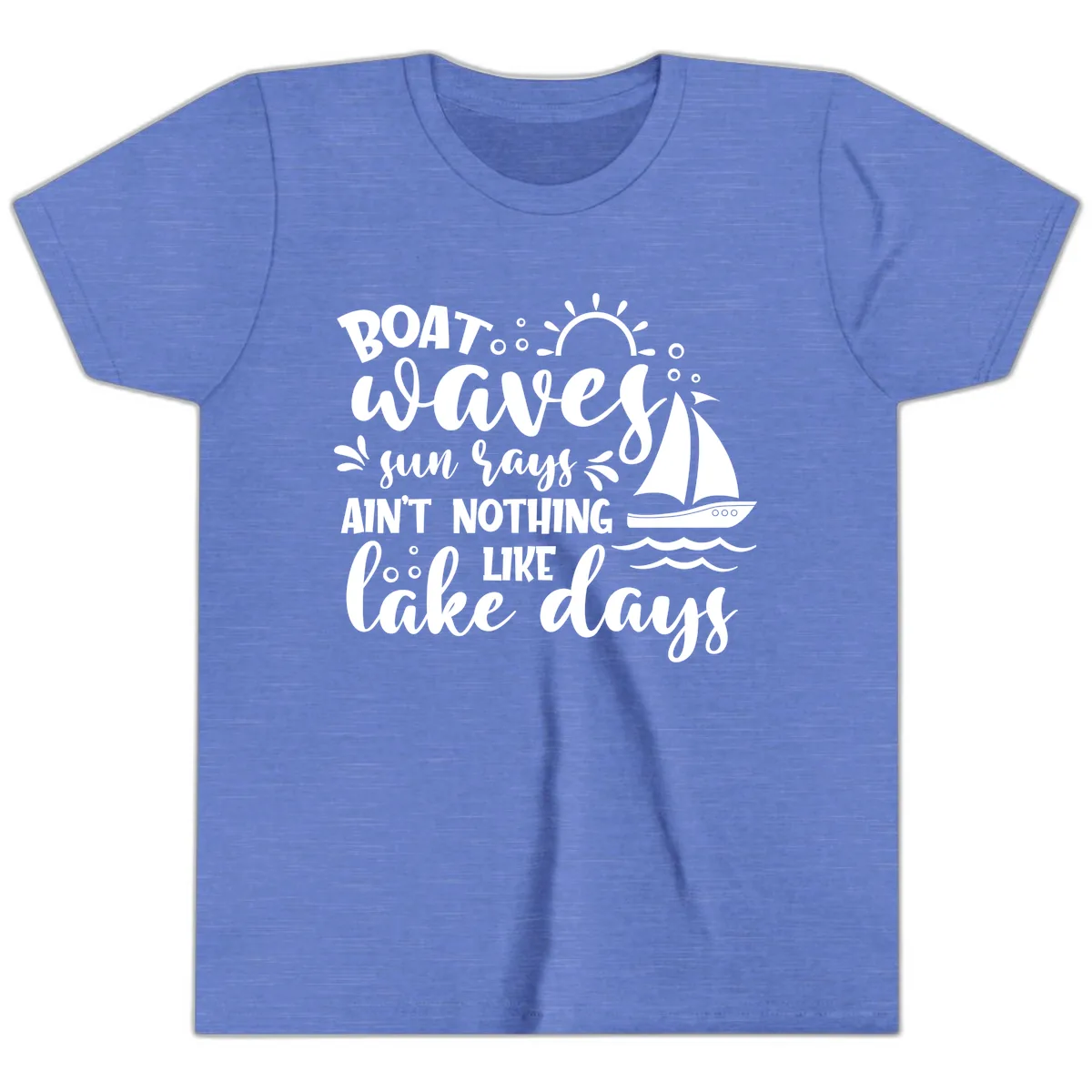 Boat Waves Sun Rays Lake Days Youth T-Shirt in Heather Columbia Blue