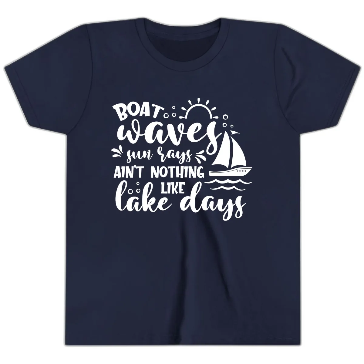 Boat Waves Sun Rays Lake Days Youth T-Shirt in Navy