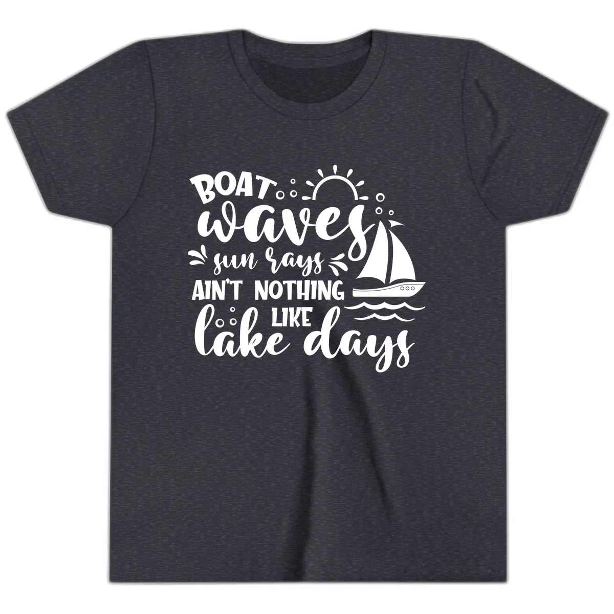 Boat Waves Sun Rays Lake Days Youth T-Shirt in Heather Navy