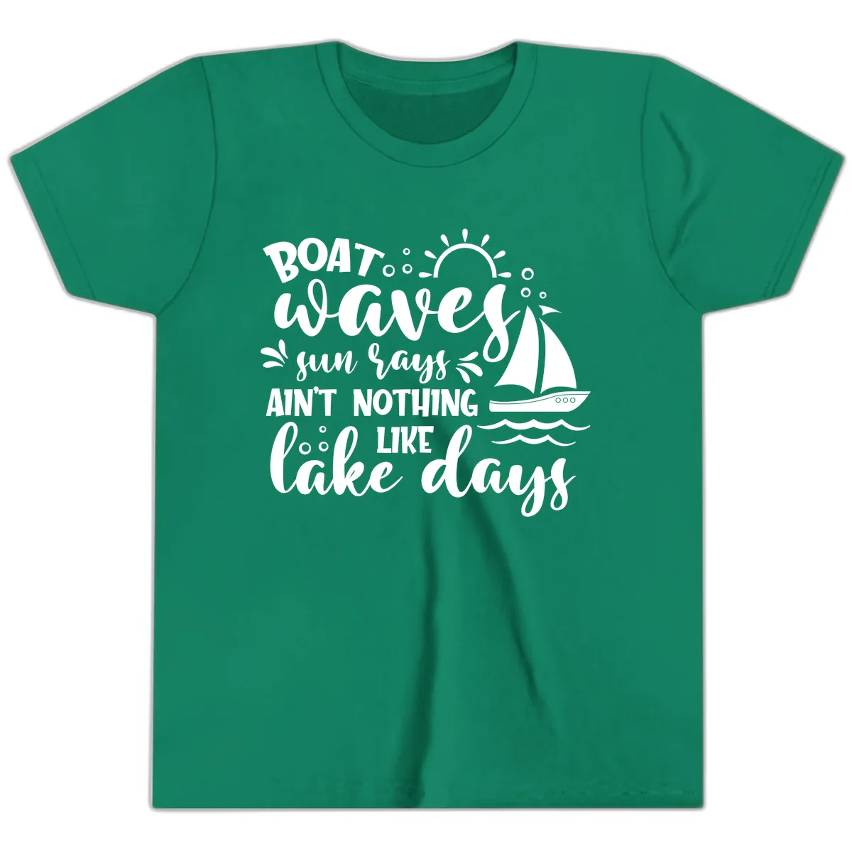 Boat Waves Sun Rays Lake Days Youth T-Shirt in Kelly