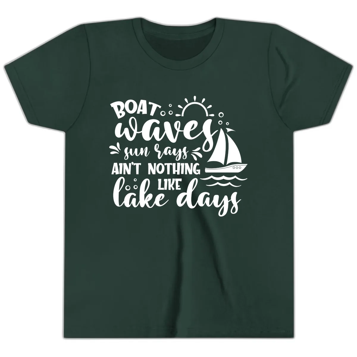 Boat Waves Sun Rays Lake Days Youth T-Shirt in Forest