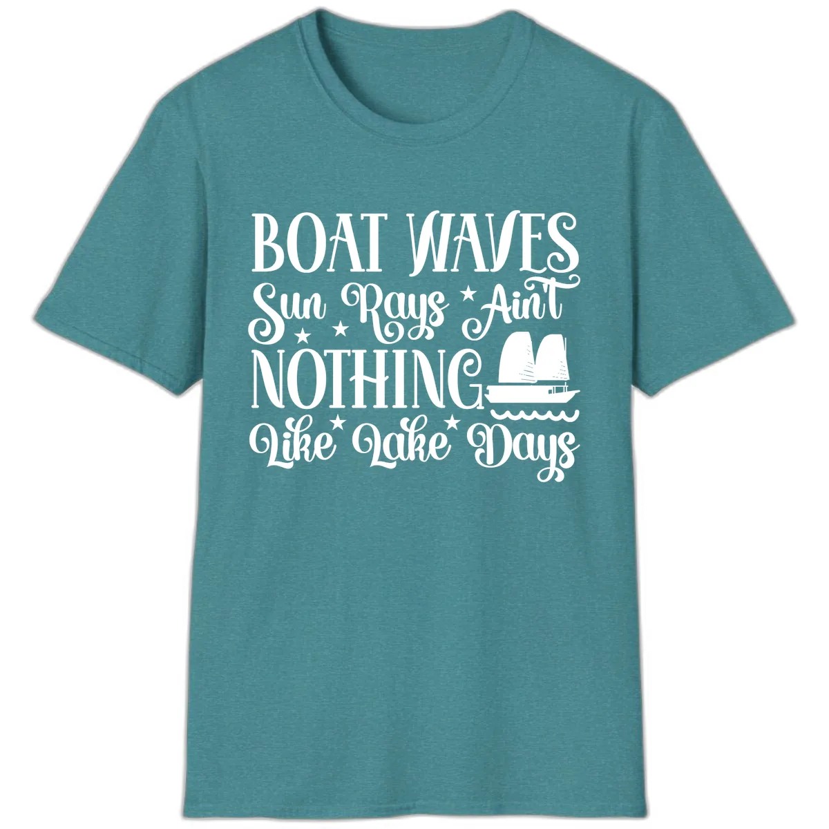 Boat Waves Sun Rays Ain't Nothing Like Lake Days T-Shirt in Heather Galapagos Blue