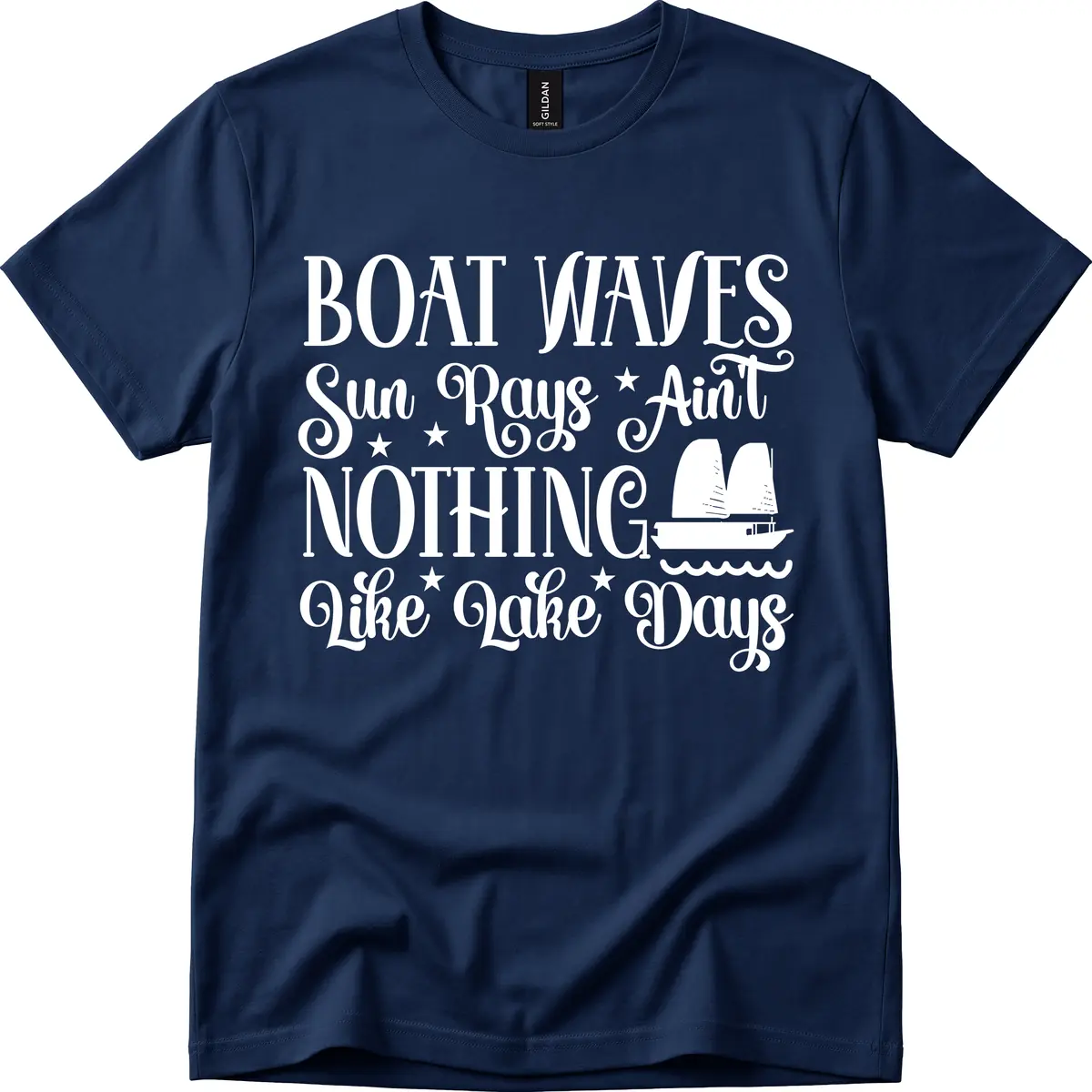 Boat Waves Sun Rays Ain't Nothing Like Lake Days T-Shirt in Navy