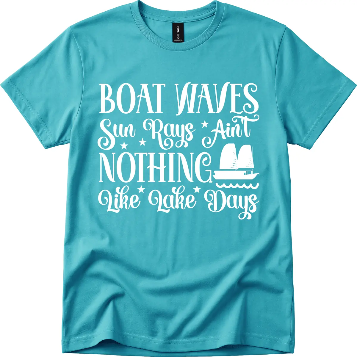Boat Waves Sun Rays Ain't Nothing Like Lake Days T-Shirt in Tropical Blue