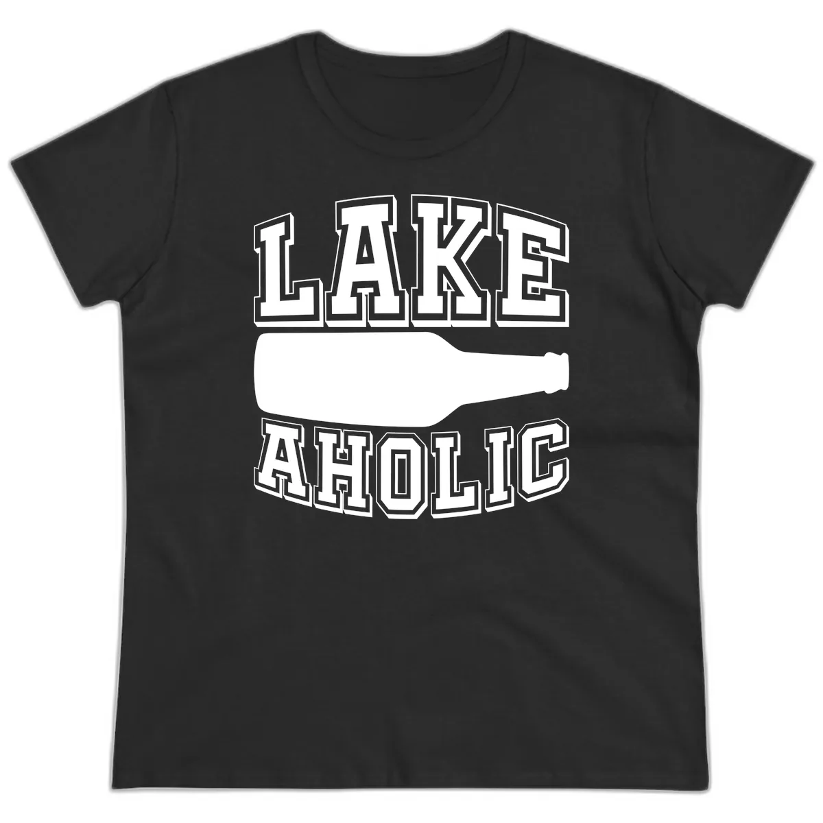 Lakeaholic Bottle Design Ladies Tee in Black