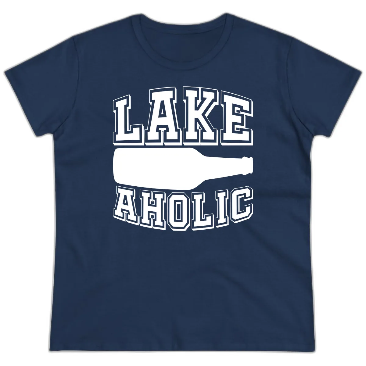 Lakeaholic Bottle Design Ladies Tee in Navy
