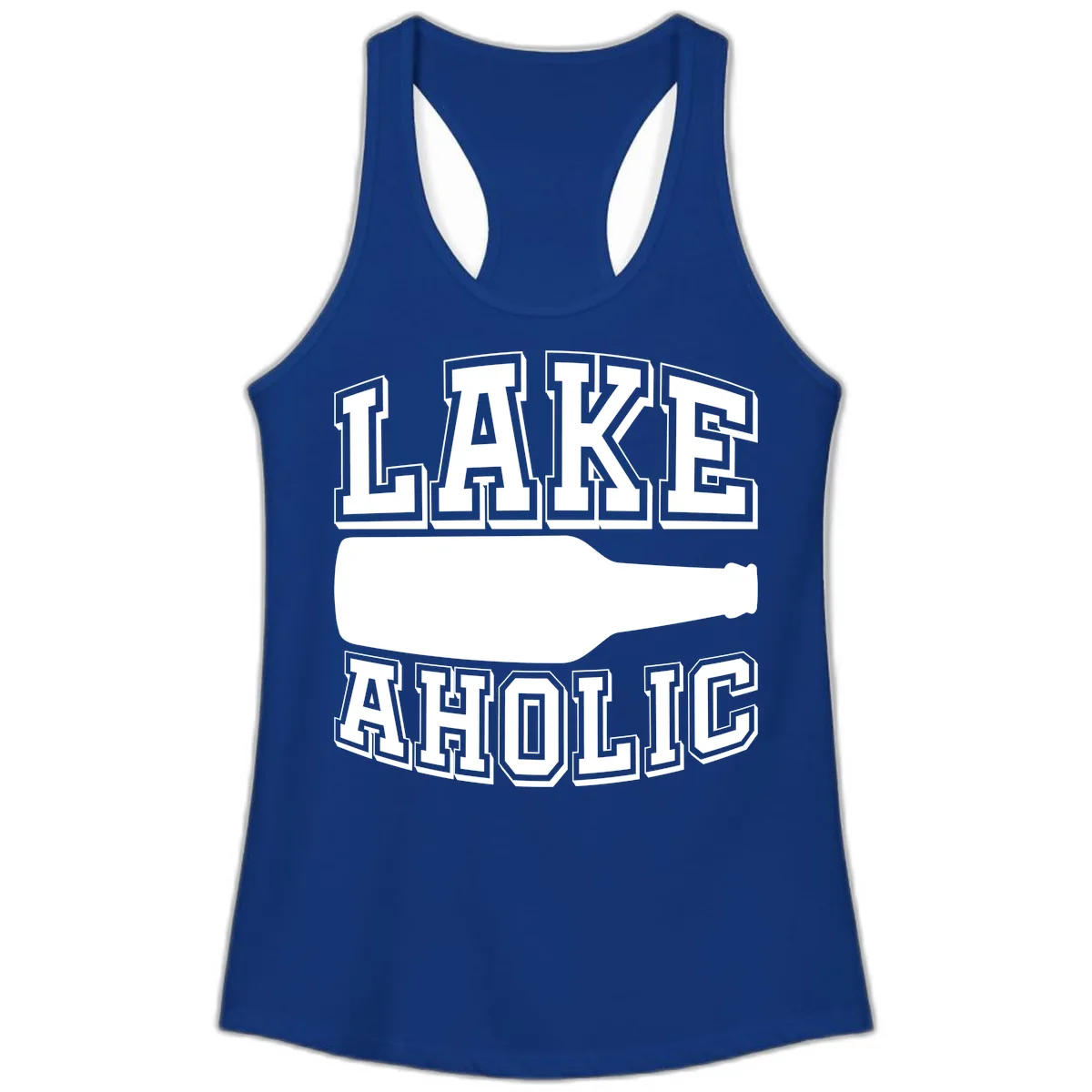 Lakeaholic Bottle Design Ladies Tank in Solid Royal