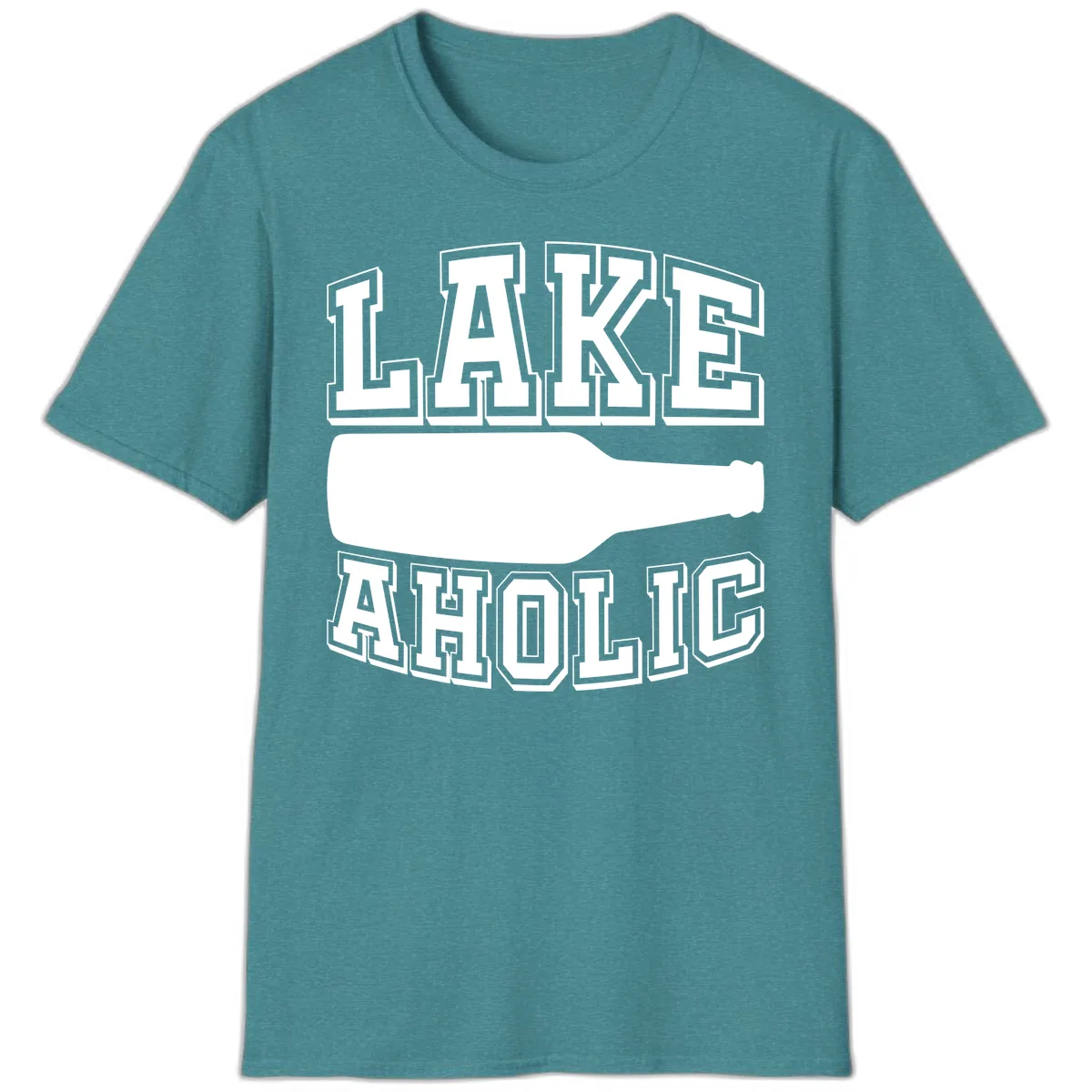 Lakeaholic Bottle Design T-Shirt in Heather Galapagos Blue