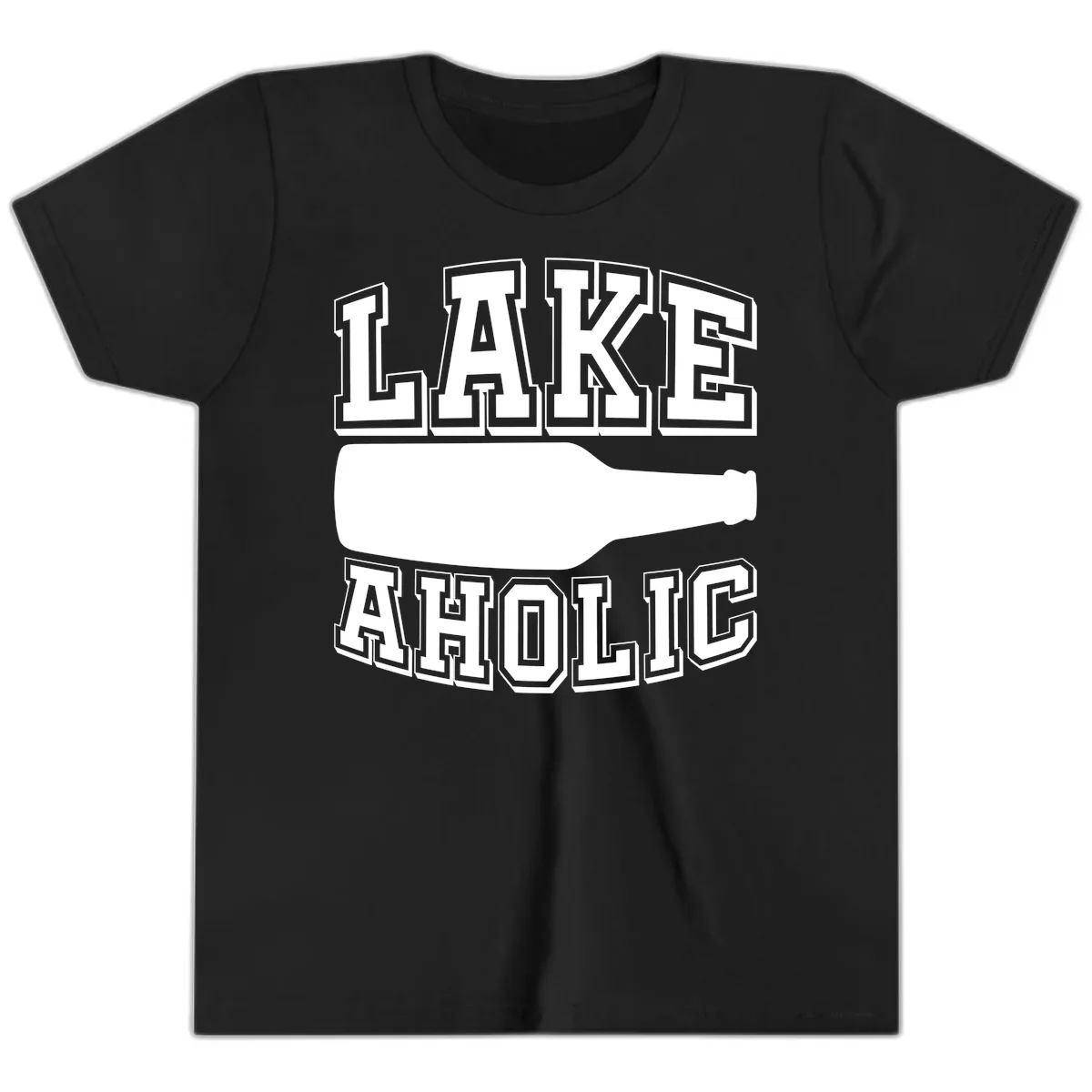 Lakeaholic Bottle Design Youth T-Shirt in Black