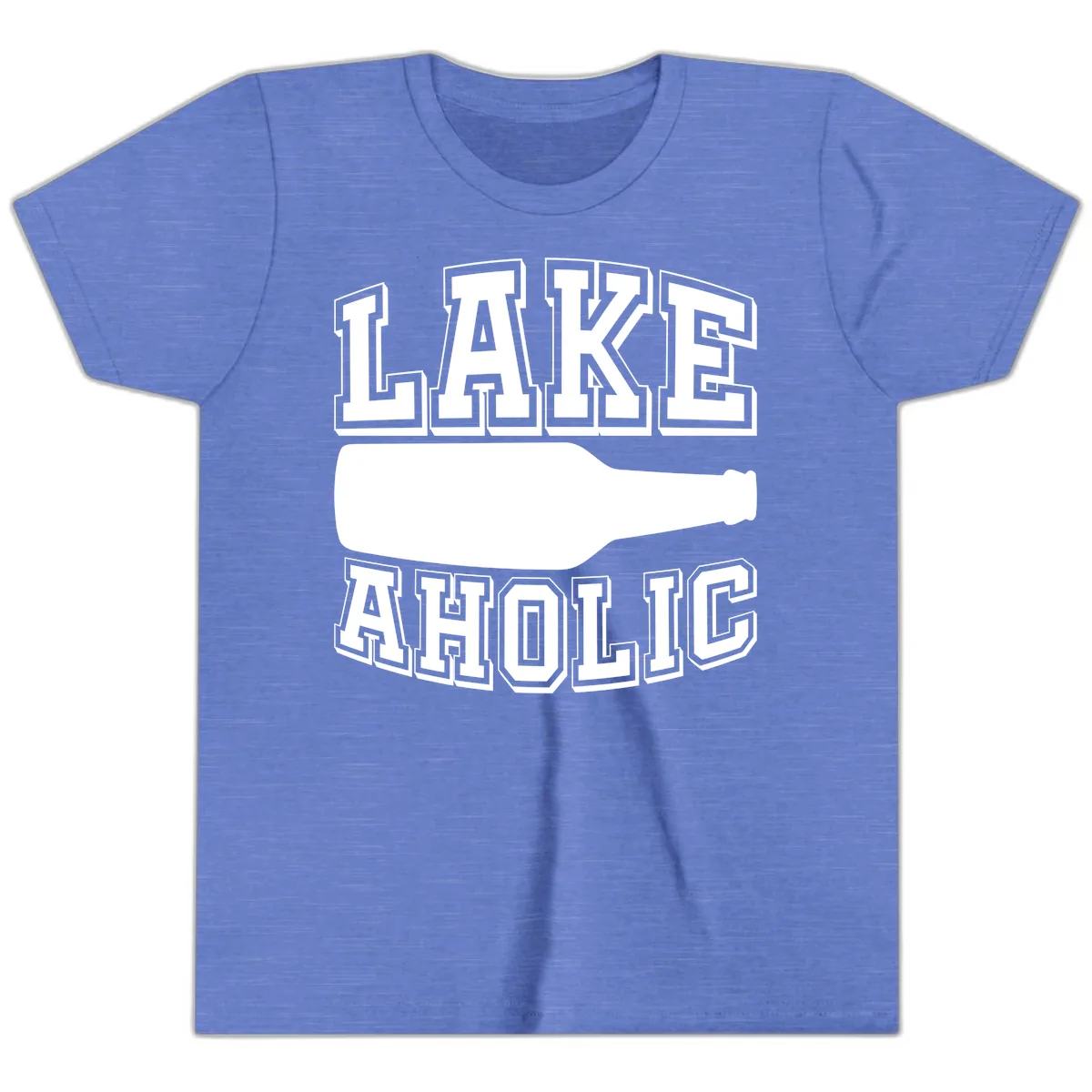 Lakeaholic Bottle Design Youth T-Shirt in Heather Columbia Blue