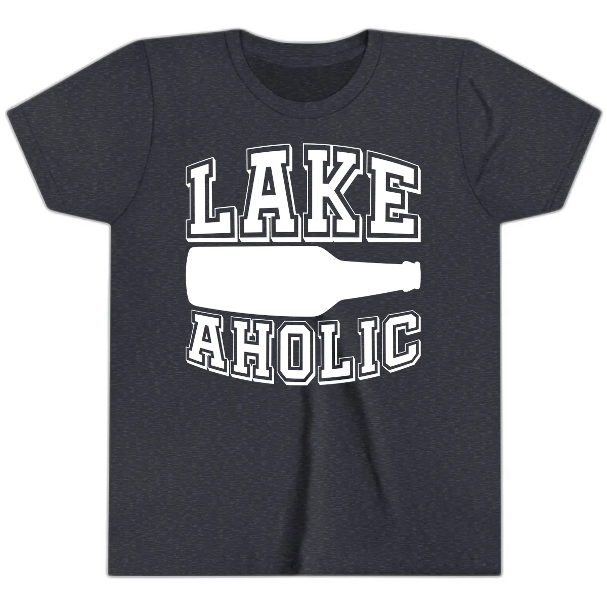 Lakeaholic Bottle Design Youth T-Shirt in Heather Navy