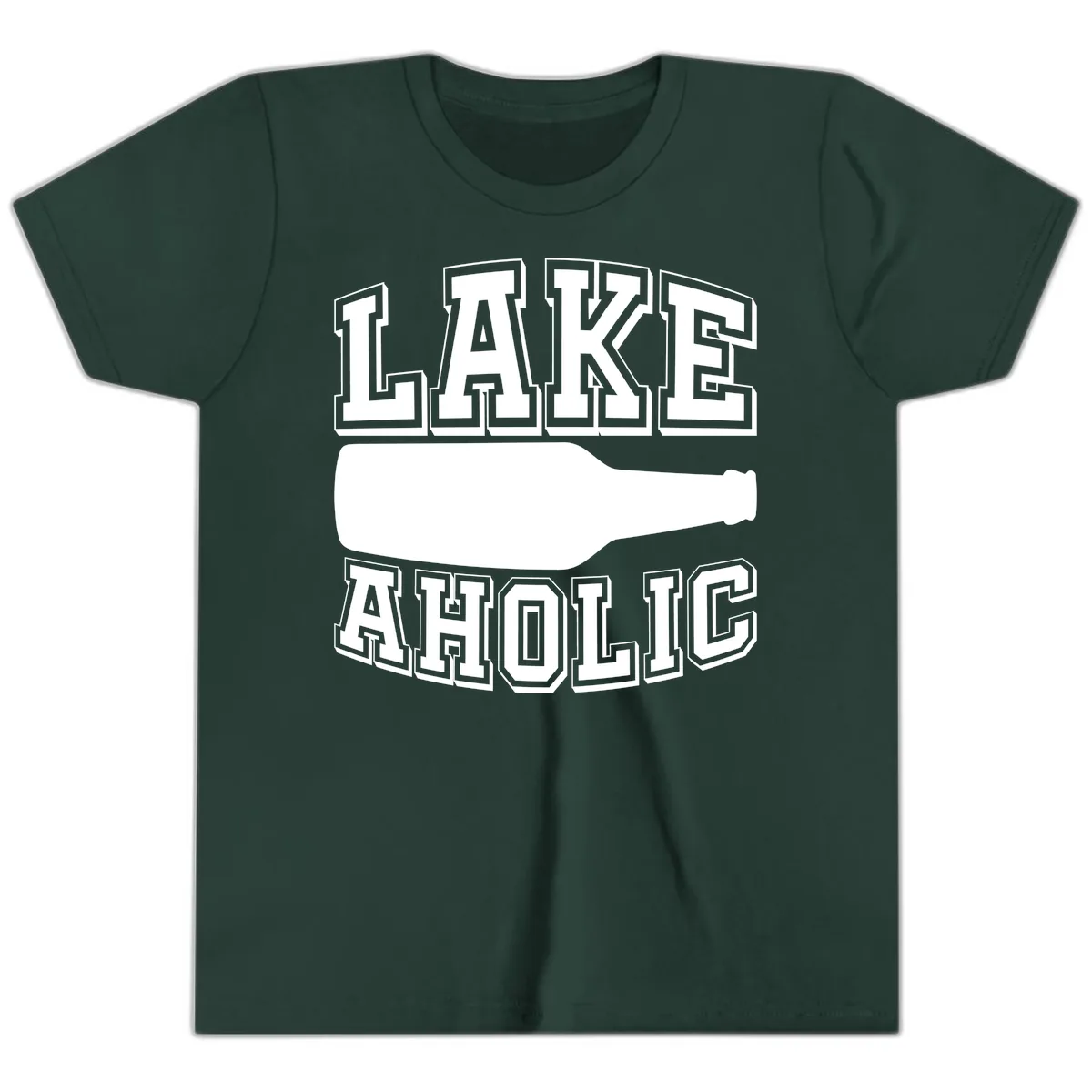 Lakeaholic Bottle Design Youth T-Shirt in Forest