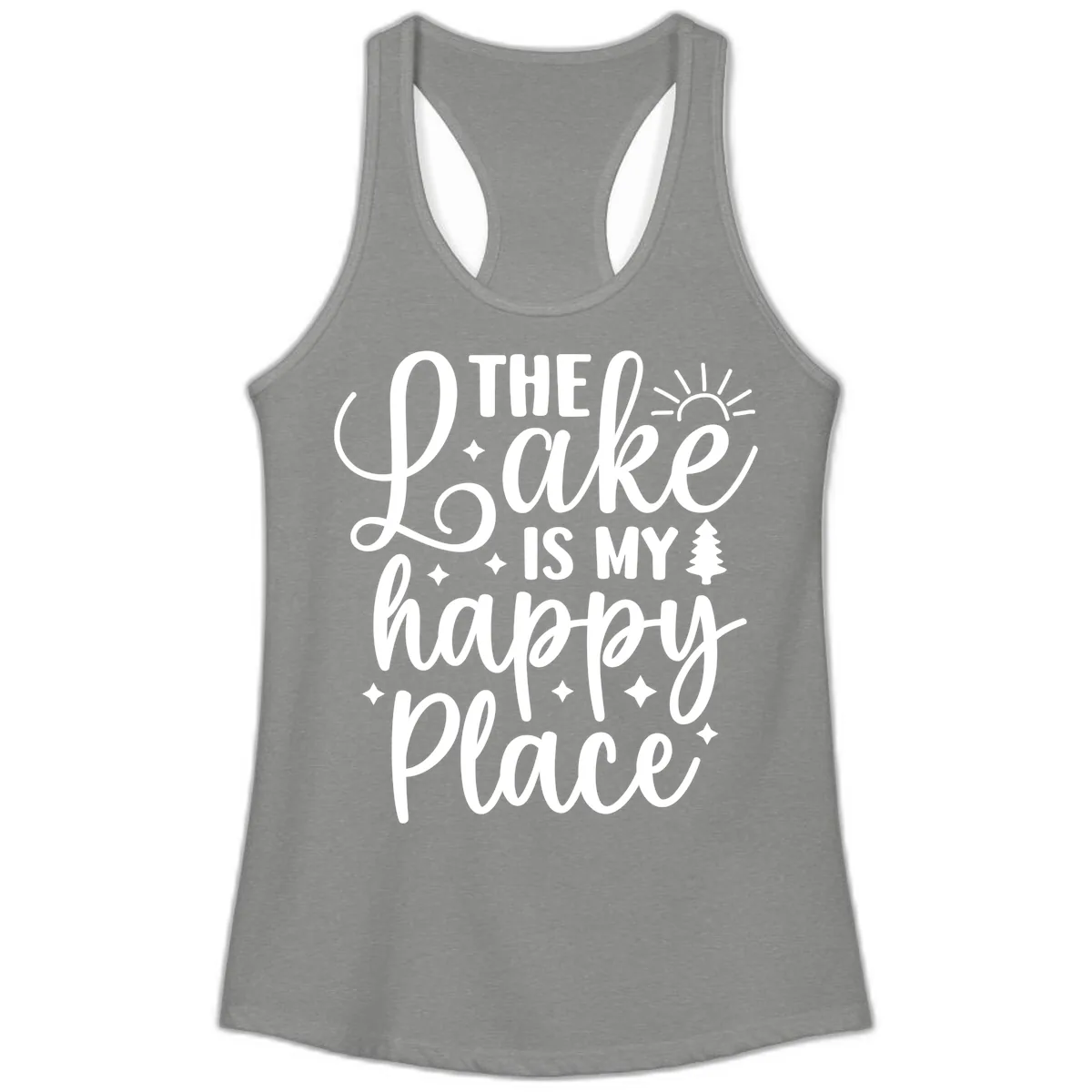 The Lake Is My Happy Place Design Ladies Tank in Heather Grey