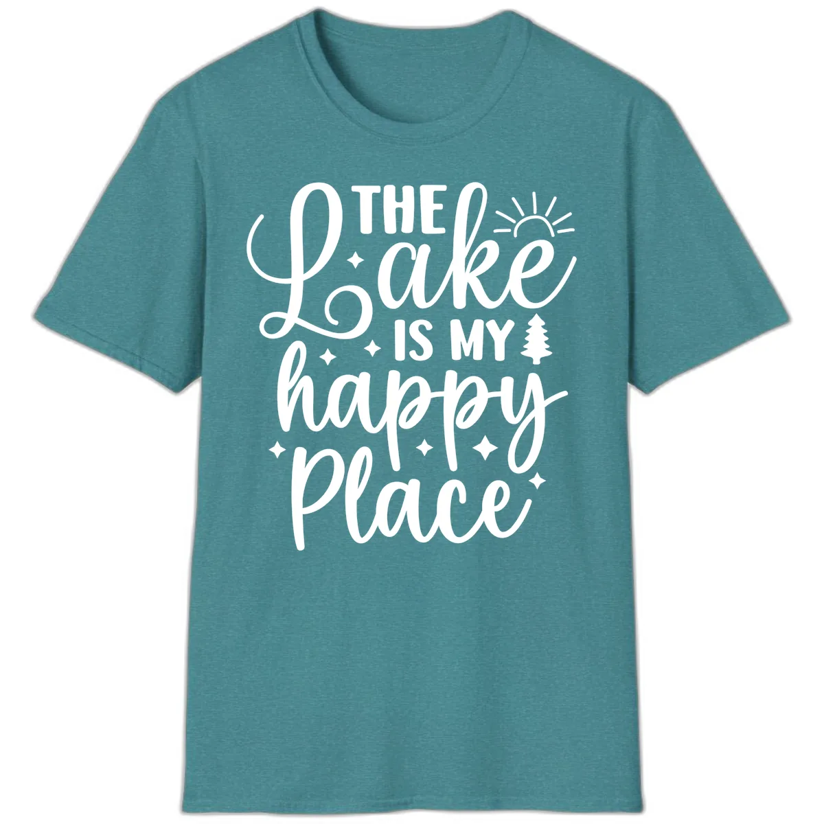 The Lake Is My Happy Place Design T-Shirt in Heather Galapagos Blue