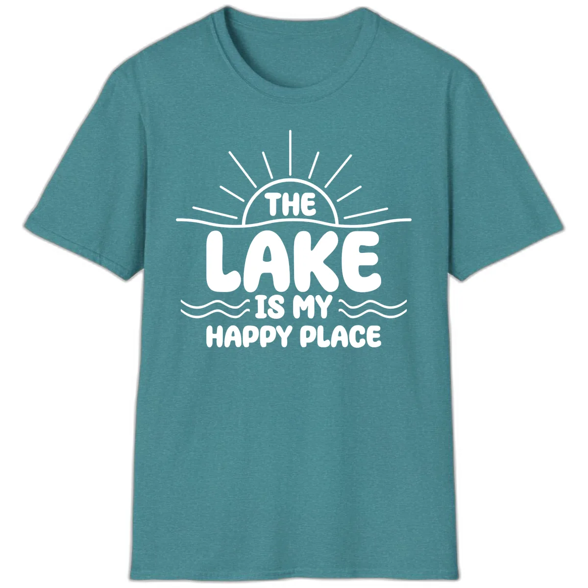 The Lake Is My Happy Place Design T-Shirt in Heather Galapagos Blue