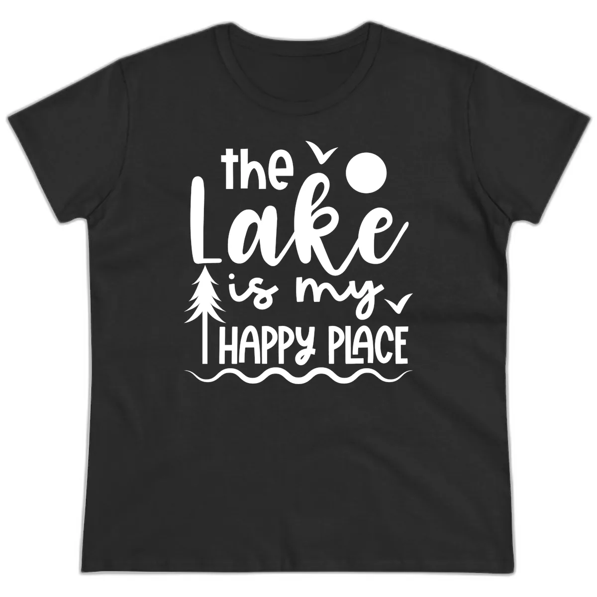 The Lake Is My Happy Place Design Ladies Tee in Black