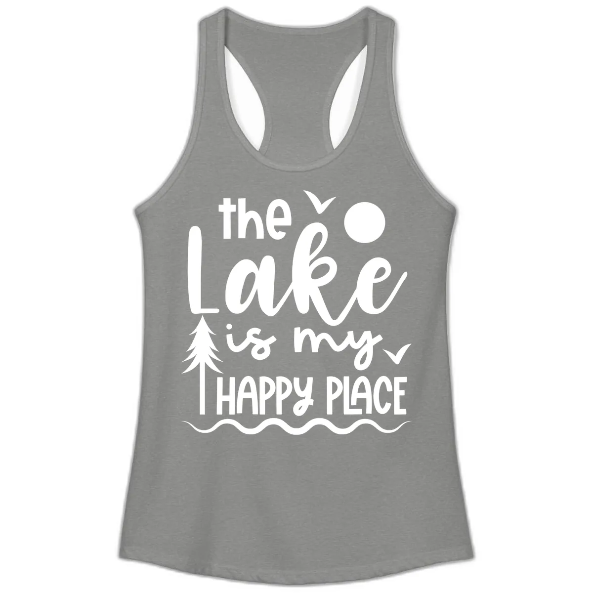 The Lake Is My Happy Place Design Ladies Tank in Heather Grey