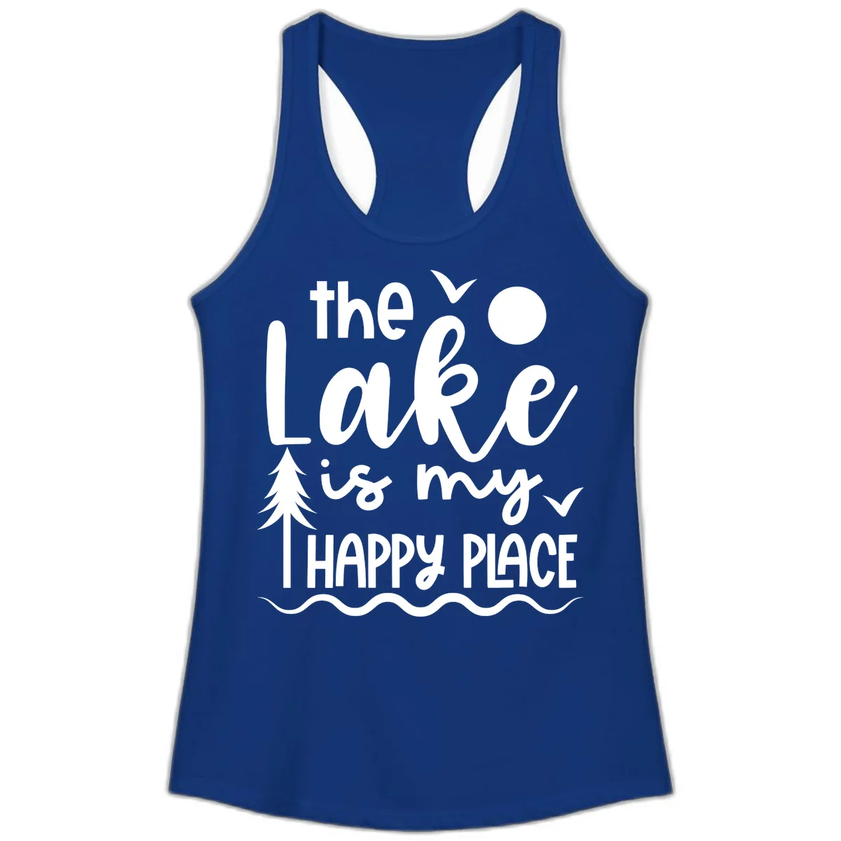 The Lake Is My Happy Place Design Ladies Tank in Solid Royal