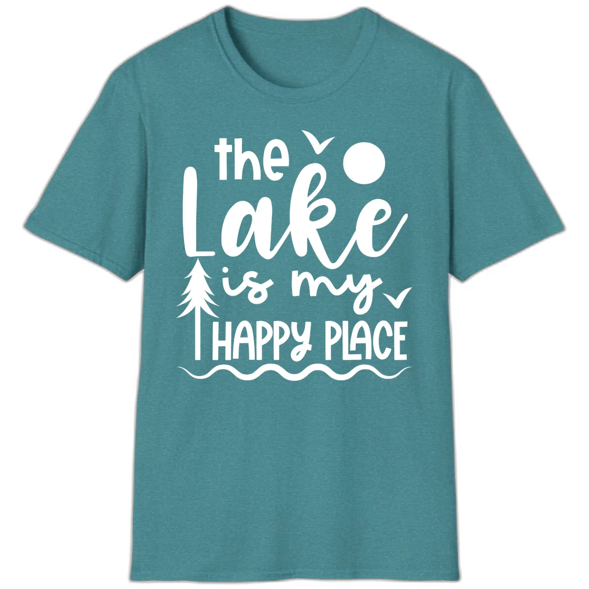 The Lake Is My Happy Place Design T-Shirt in Heather Galapagos Blue
