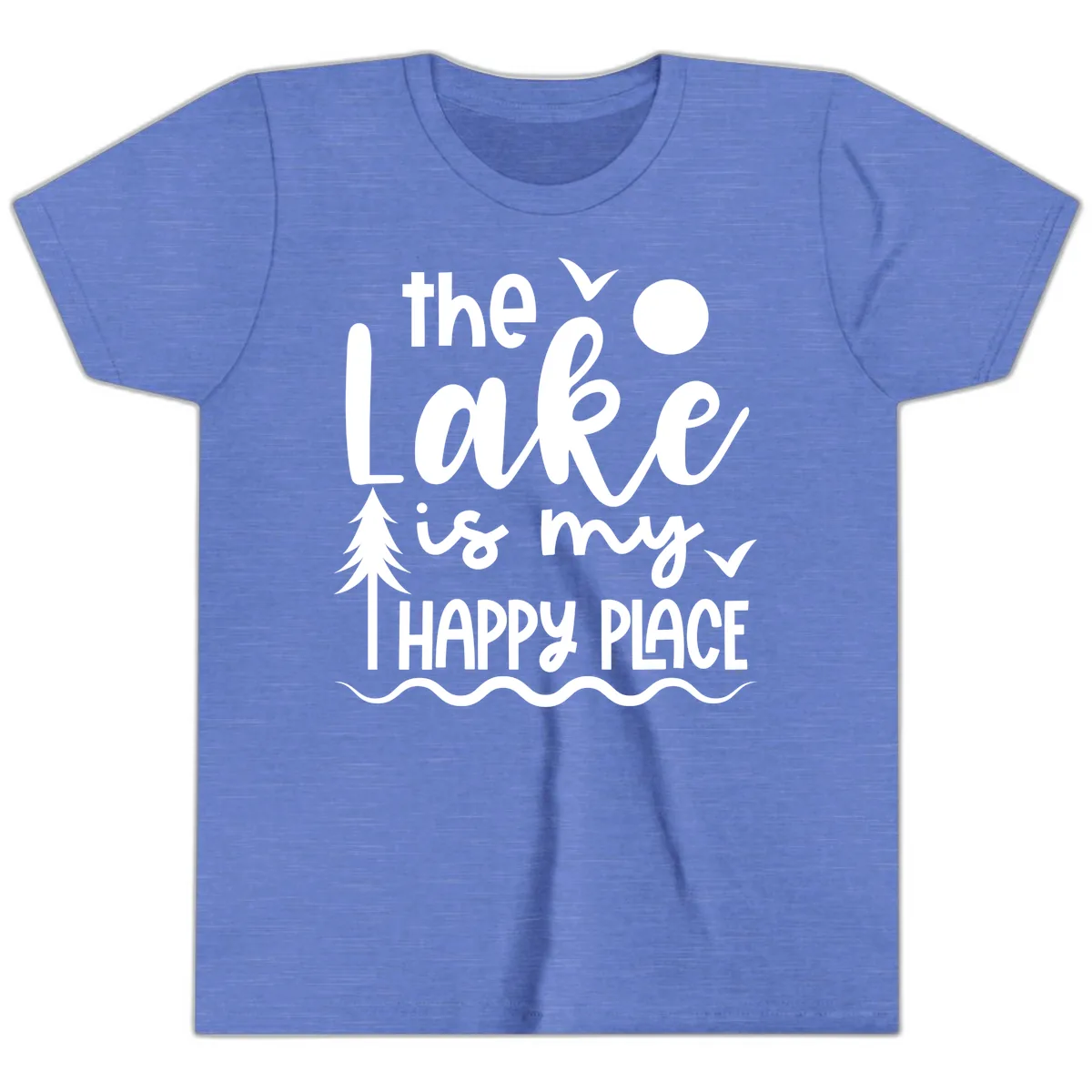 The Lake Is My Happy Place Design Youth T-Shirt in Heather Columbia Blue