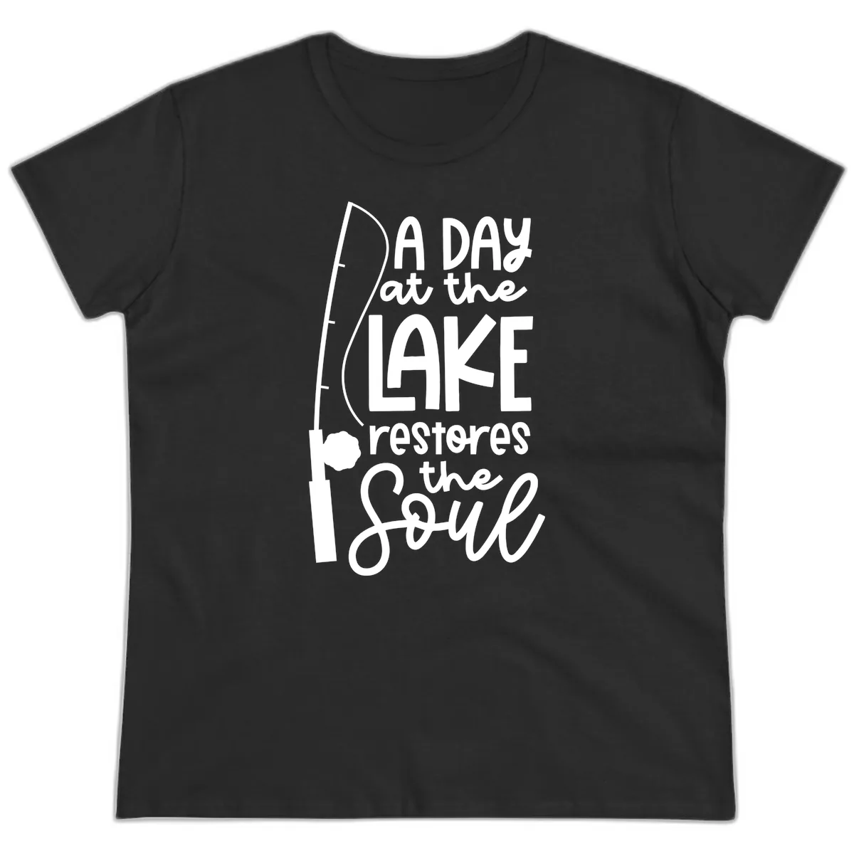A Day at the Lake Restores the Soul Ladies Tee in Black