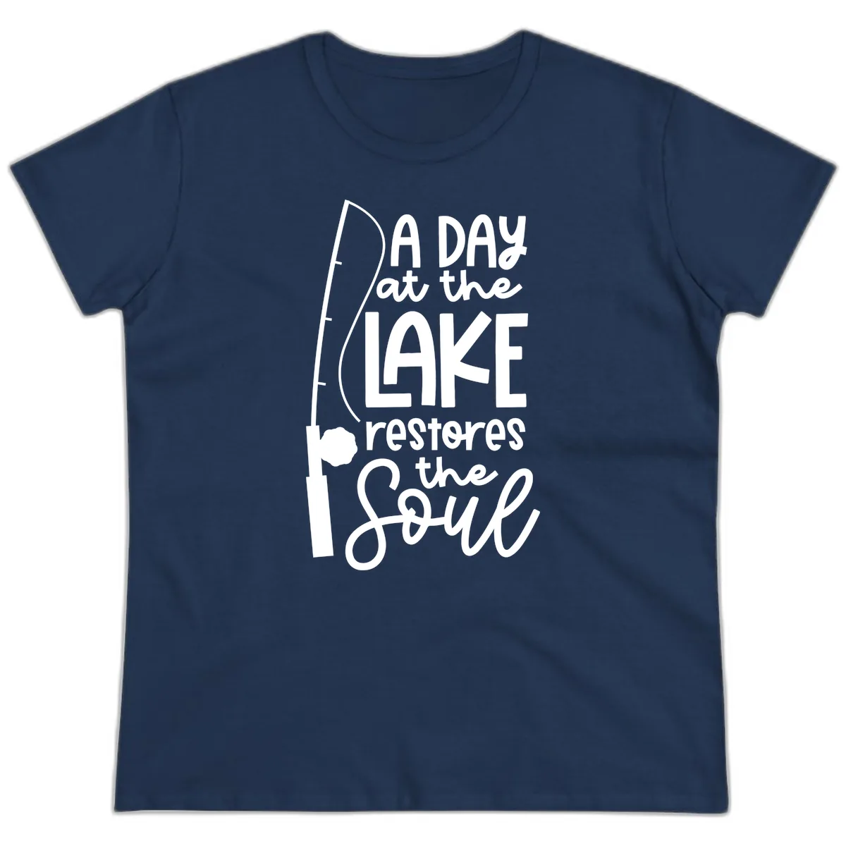 A Day at the Lake Restores the Soul Ladies Tee in Navy